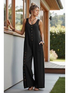 Baggy Button Up Patch Pocket Scoop Neck One-Piece Split Wide Leg Pant Jumpsuit